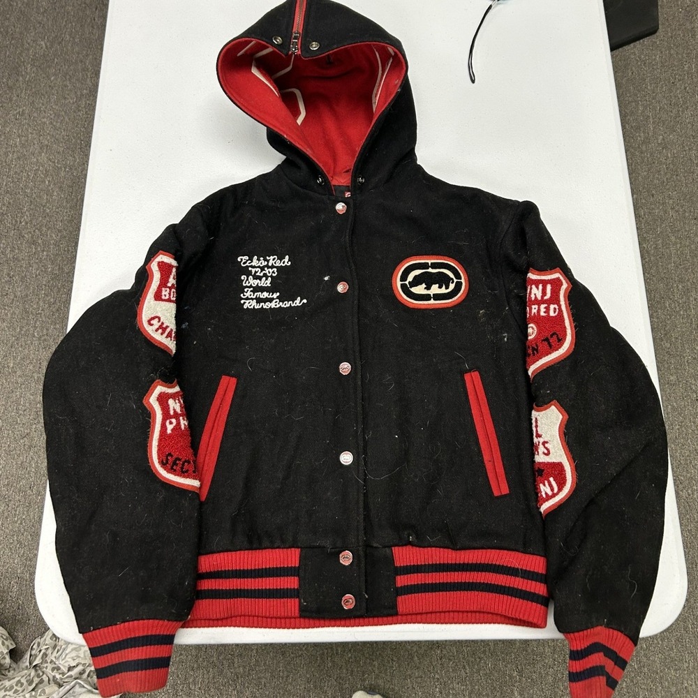 Ecko Red Varsity Jacket Women L Black Red Hooded Wool Blend Letterman Patch G3